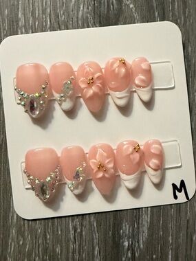 Blush Pink 3D Floral & Rhinestone Press-On Nail Set